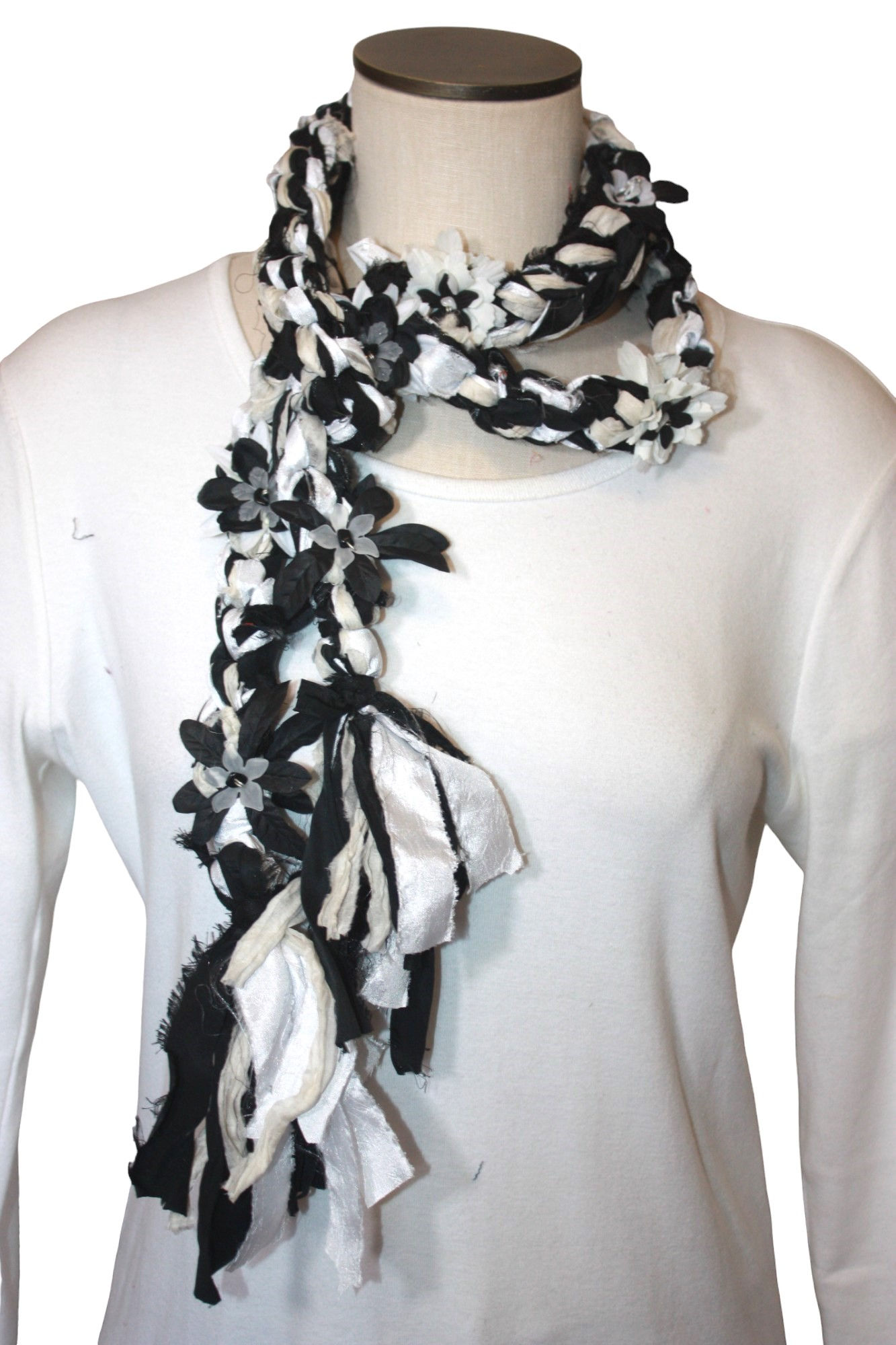 Black and White Crocheted Recycled Sari Silk Scarf Silk Flo
