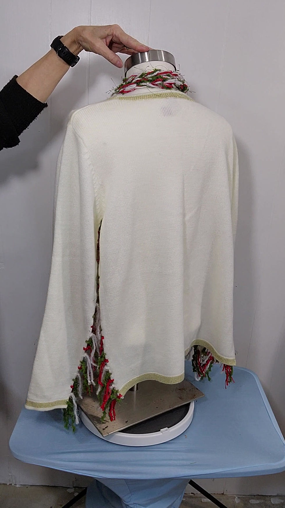 Thumbnail: Upcycled Christmas Holiday Sweater Poncho Handknotted Fringe Crochet Scarf
