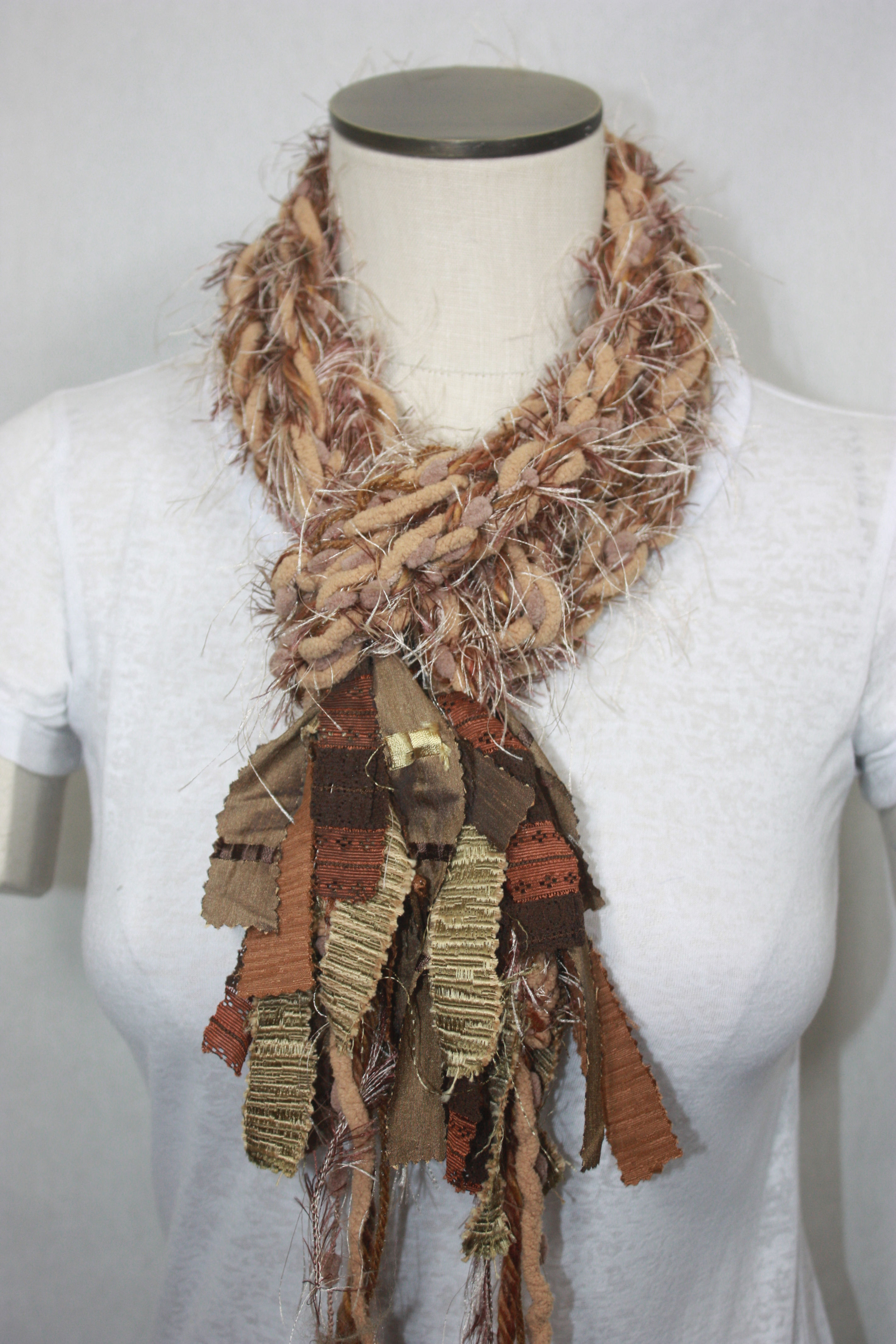 Light Brown Crocheted Yarn Rope Scarf with Texture Fringe