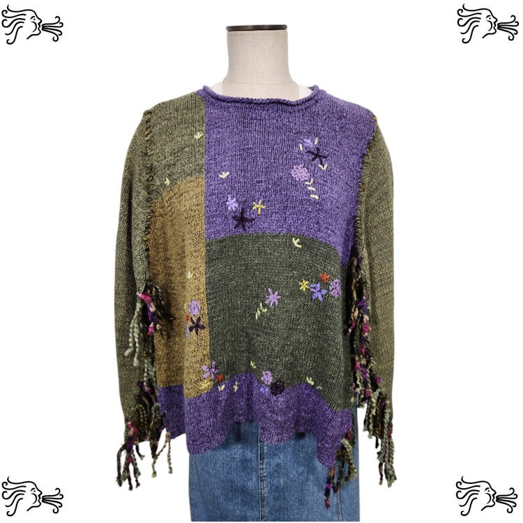 Thumbnail: Upcycled Green Purple Sweater Poncho Handknotted Fringe Crochet Scarf