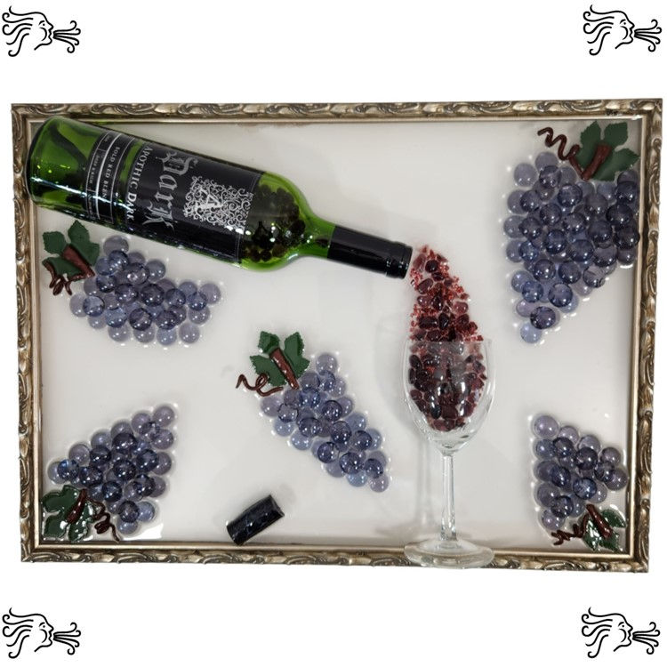 Cut Wine Bottle Purple Grape Resin Bar Art Silver Frame