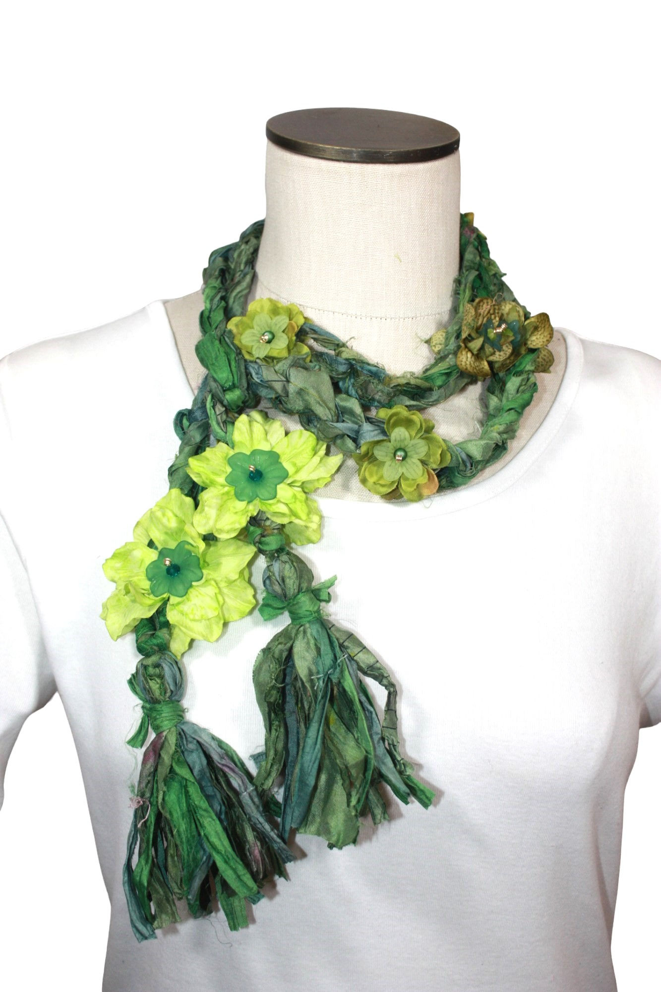 Green Crocheted Recycled Sari Silk Scarf Silk Flo