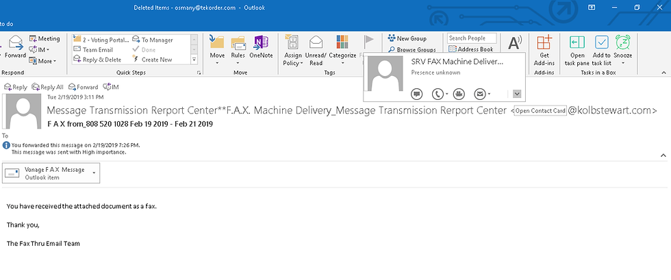 Outlook screenshot showing a message and the from sender information step 2