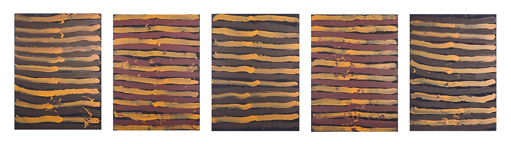 (5) Emily Kame Kngwarreye (Australian, 1910-1996) "Body Stripes", set of (5) paintings, acrylic on canvas, 48" x 36" each