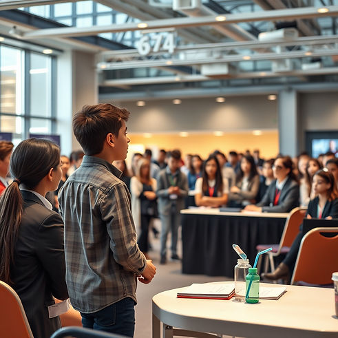 Create a highly realistic, professional image of a youth entrepreneurship event in a moder