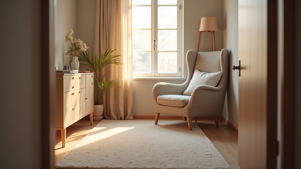 Eye-level view of a cozy therapy room with a comfortable chair and soft lighting