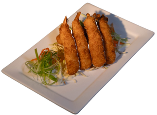 The Crunchy Prawns: krokant gefrituurde gamba's (garnalen) met chili mayonaise, populair bij The Thai Utrecht Oost.