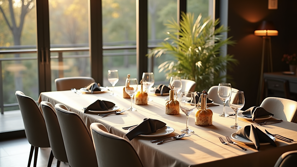 High angle view of a staged dining area with elegant table setting and natural light
