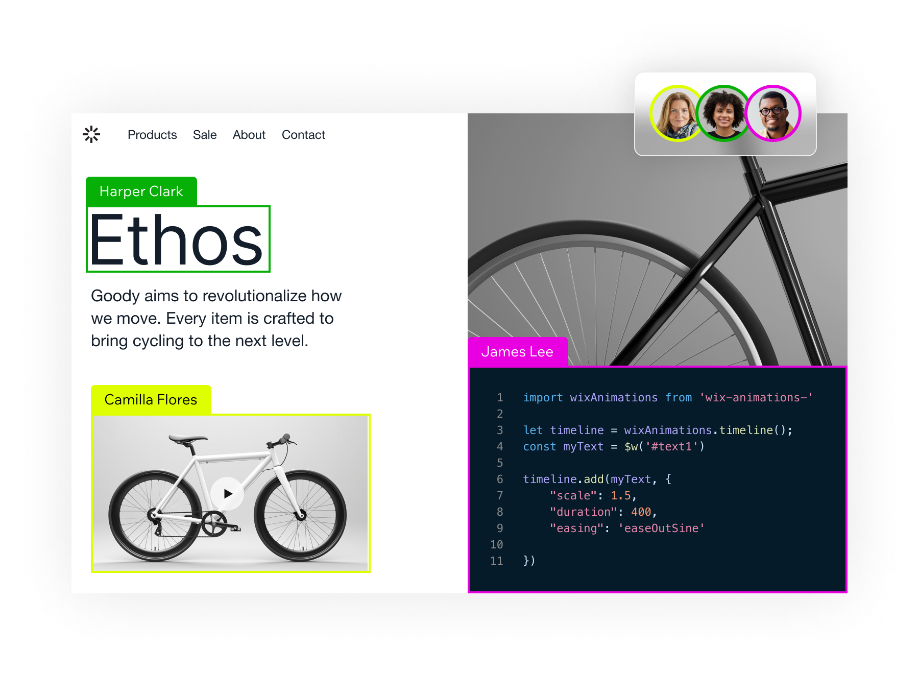 Una imagen de una bicicleta está seleccionada y en el panel de comentarios en directo se muestra una conversación entre el cliente y el diseñador sobre cómo actualizar la imagen.