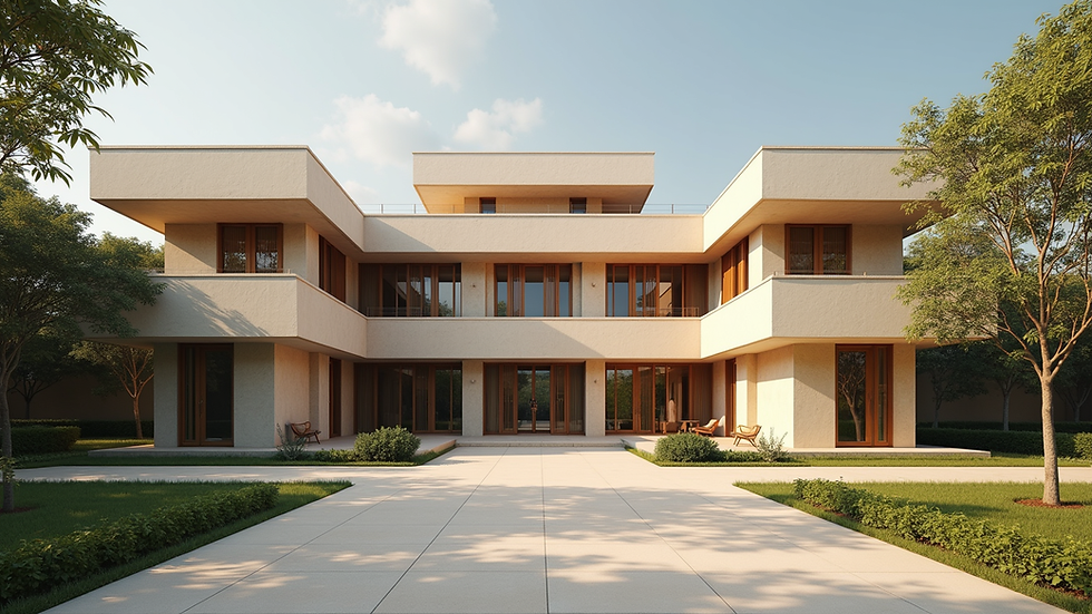 Eye-level view of a modern Indian architectural building with traditional elements