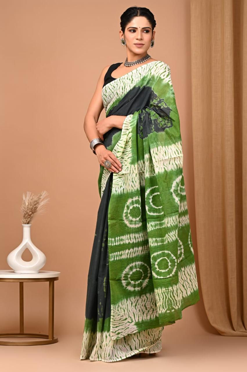 Cotton Handprinted Mulmul Saree with Blouse