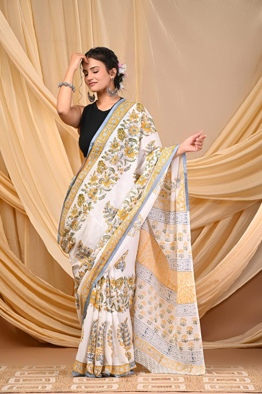 Handprinted Mul Cotton Saree with Blouse