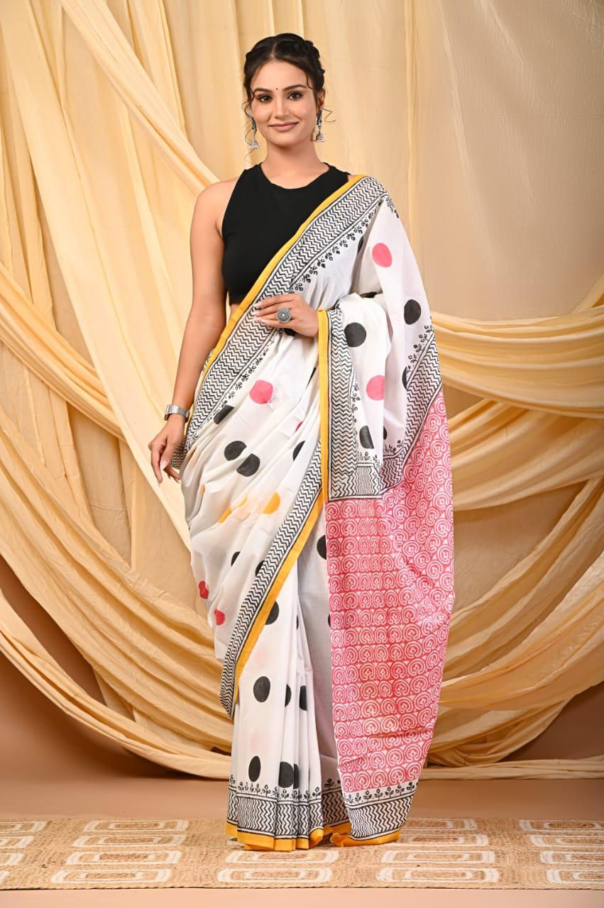 Handprinted Mul Cotton Saree with Blouse
