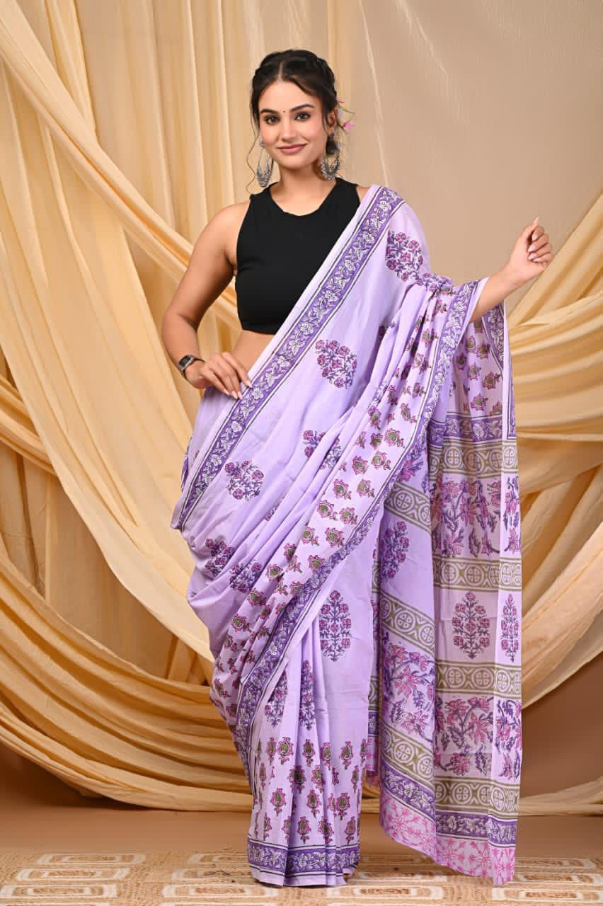 Handprinted Mul Cotton Saree with Blouse