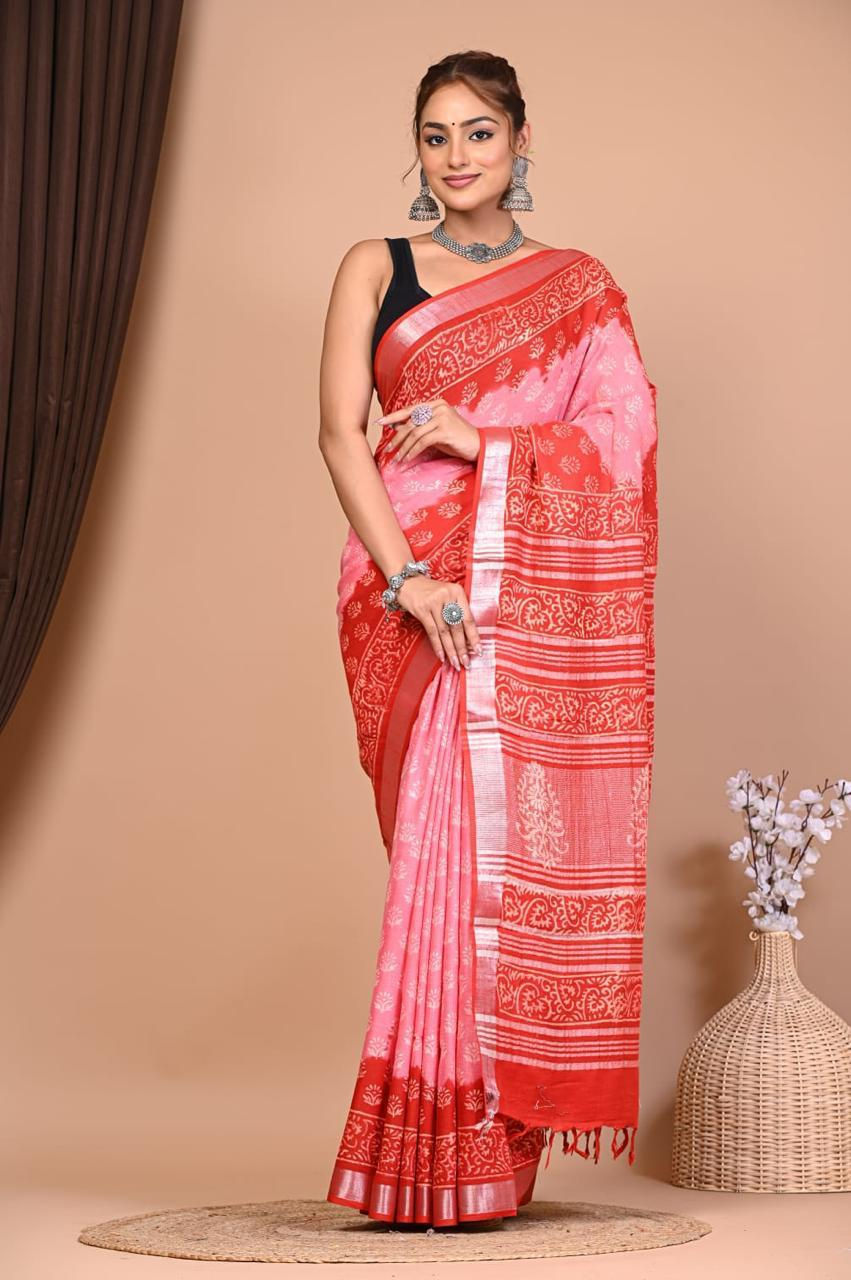 Natural Coloured Hand Printed Linen Saree with Blouse