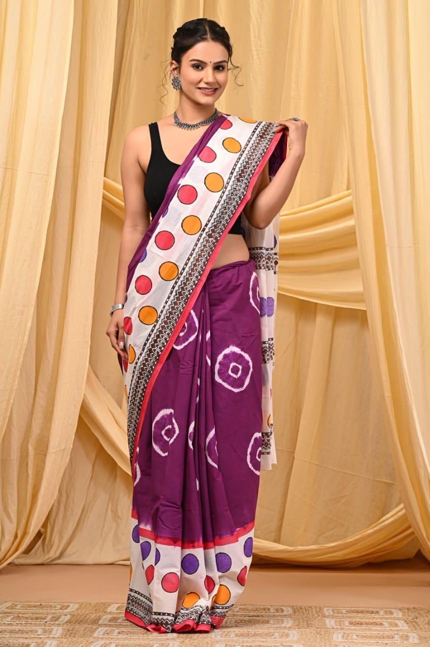 Handprinted Mul Cotton Saree with Blouse