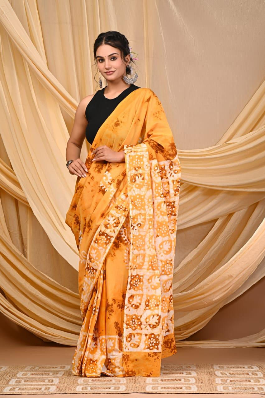 Handprinted Mul Cotton Saree with Blouse