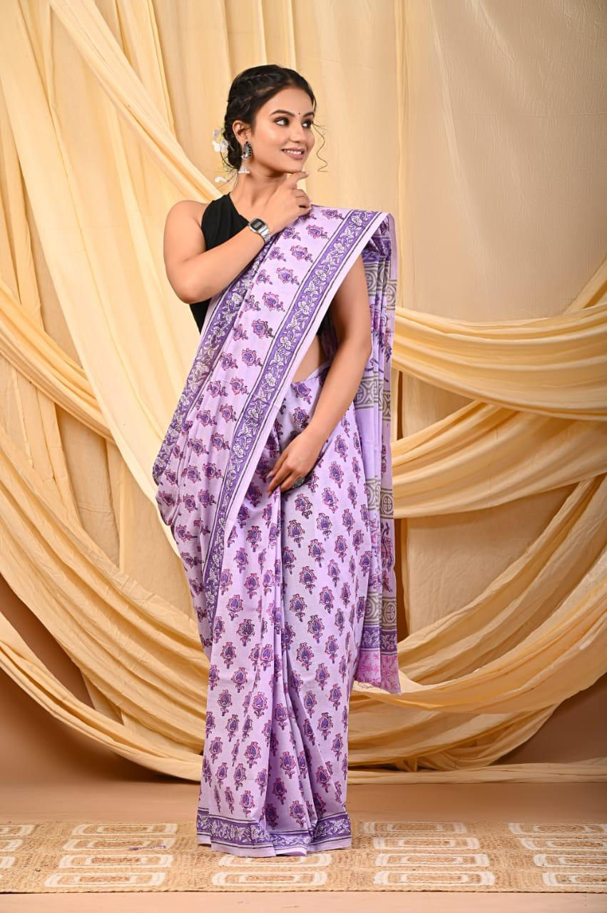 Handprinted Mul Cotton Saree with Blouse