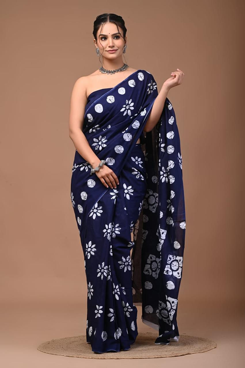 Cotton Handprinted Mulmul Saree with Blouse