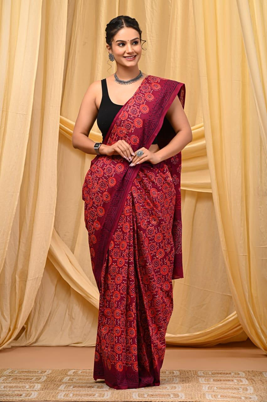 Handprinted Mul Cotton Saree with Blouse