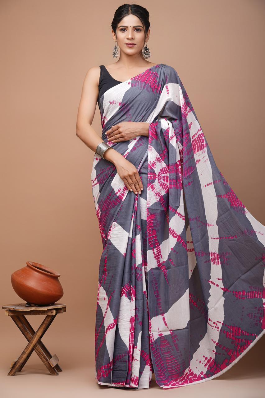 Cotton Handprinted Mulmul Saree with Blouse