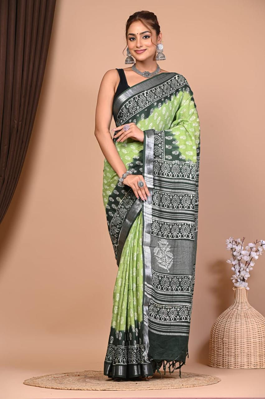 Natural Coloured Hand Printed Linen Saree with Blouse