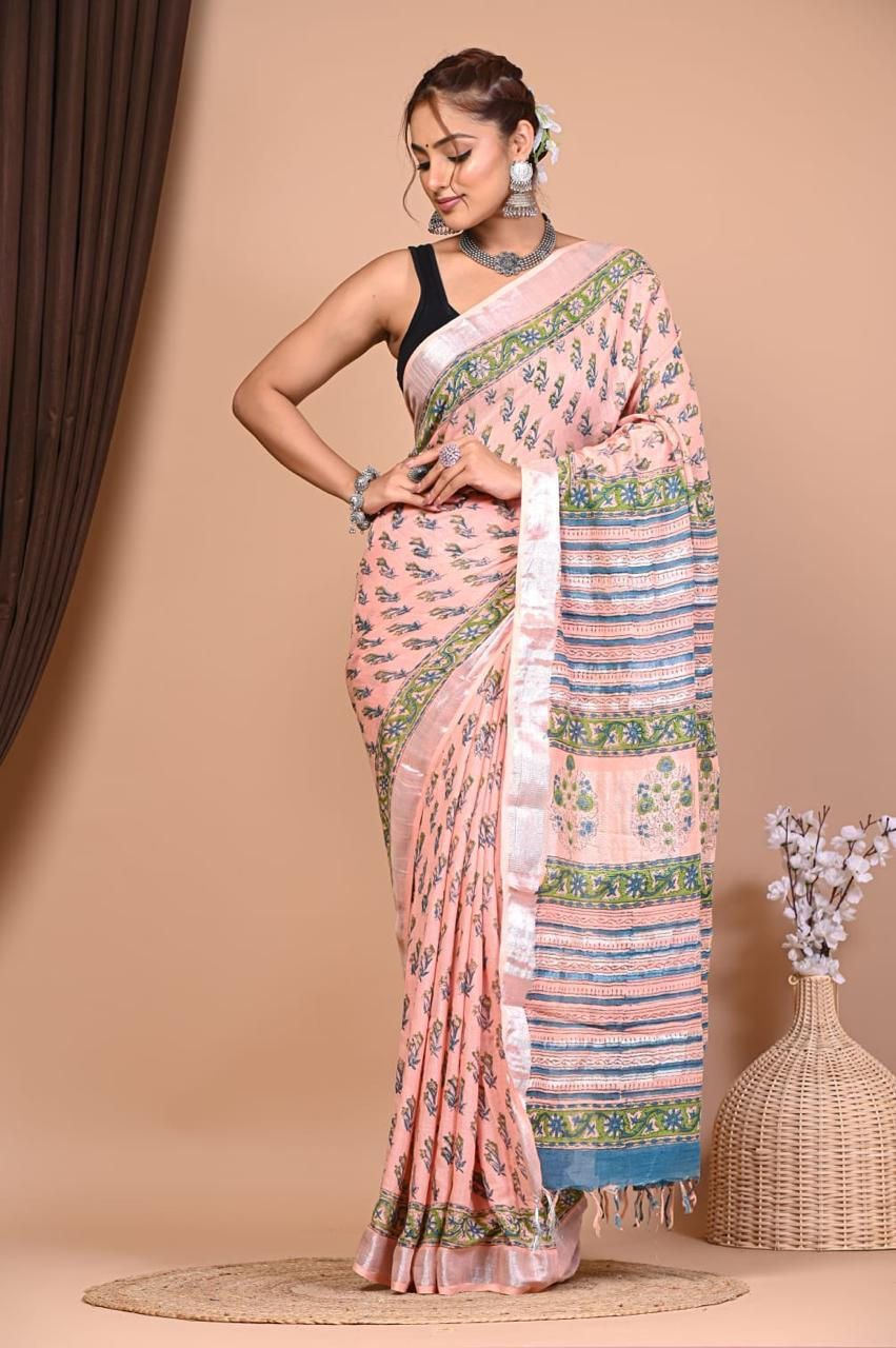 Natural Coloured Hand Printed Linen Saree with Blouse