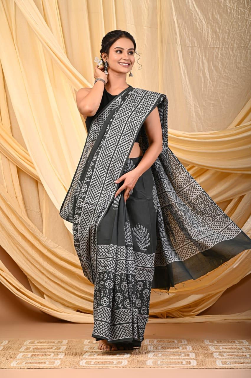 Handprinted Mul Cotton Saree with Blouse