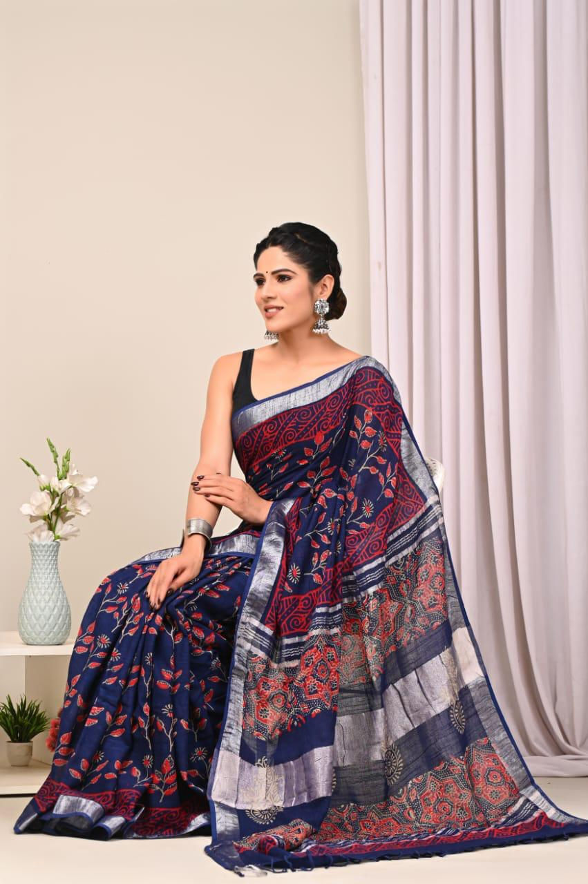 Natural Coloured Hand Printed Linen Saree with Blouse