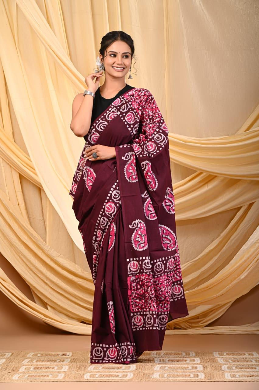 Handprinted Mul Cotton Saree with Blouse