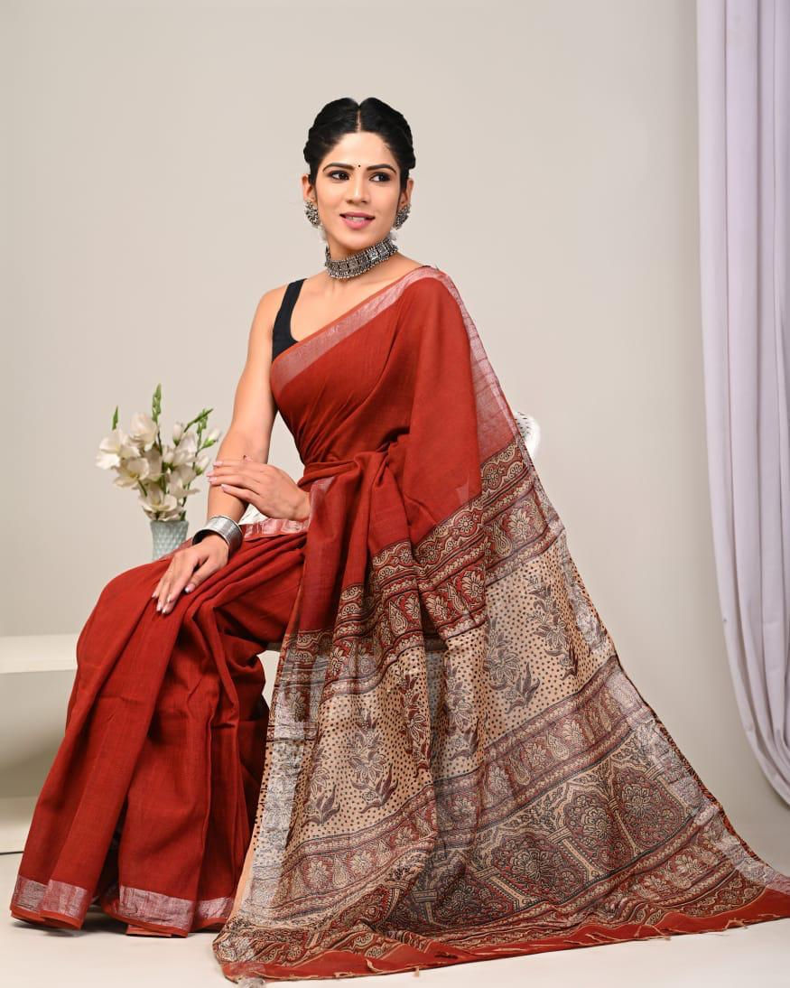 Natural Coloured Hand Printed Linen Saree with Blouse