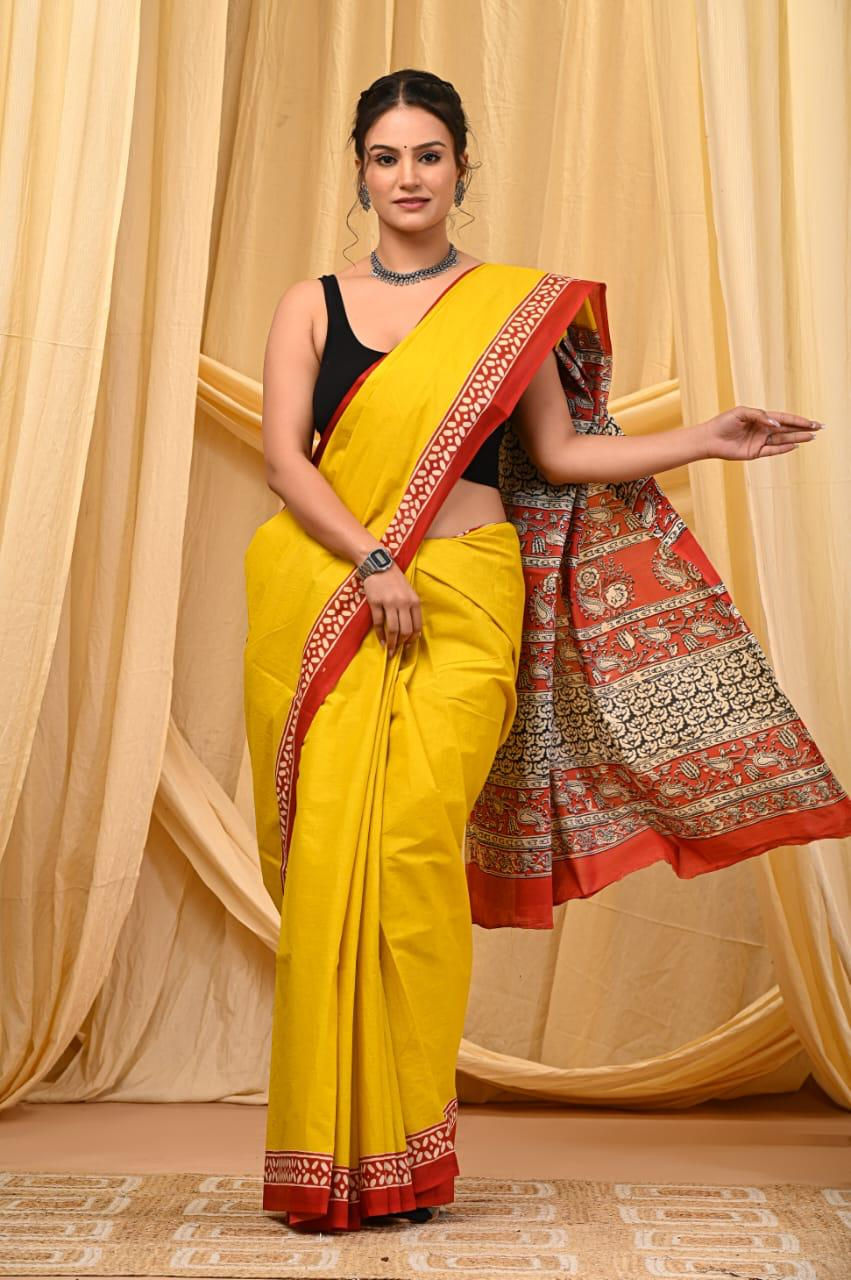 Handprinted Mul Cotton Saree with Blouse