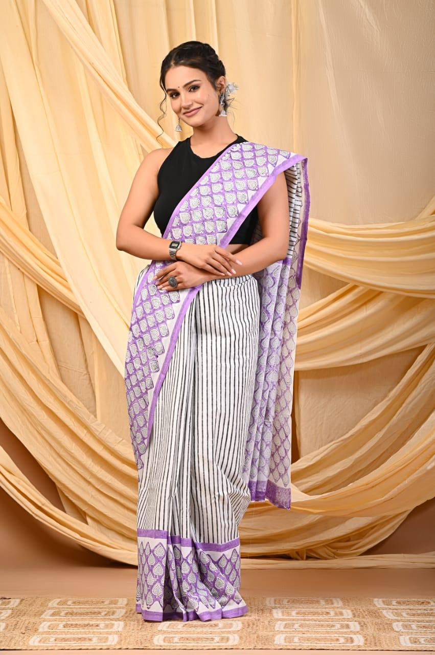 Handprinted Mul Cotton Saree with Blouse