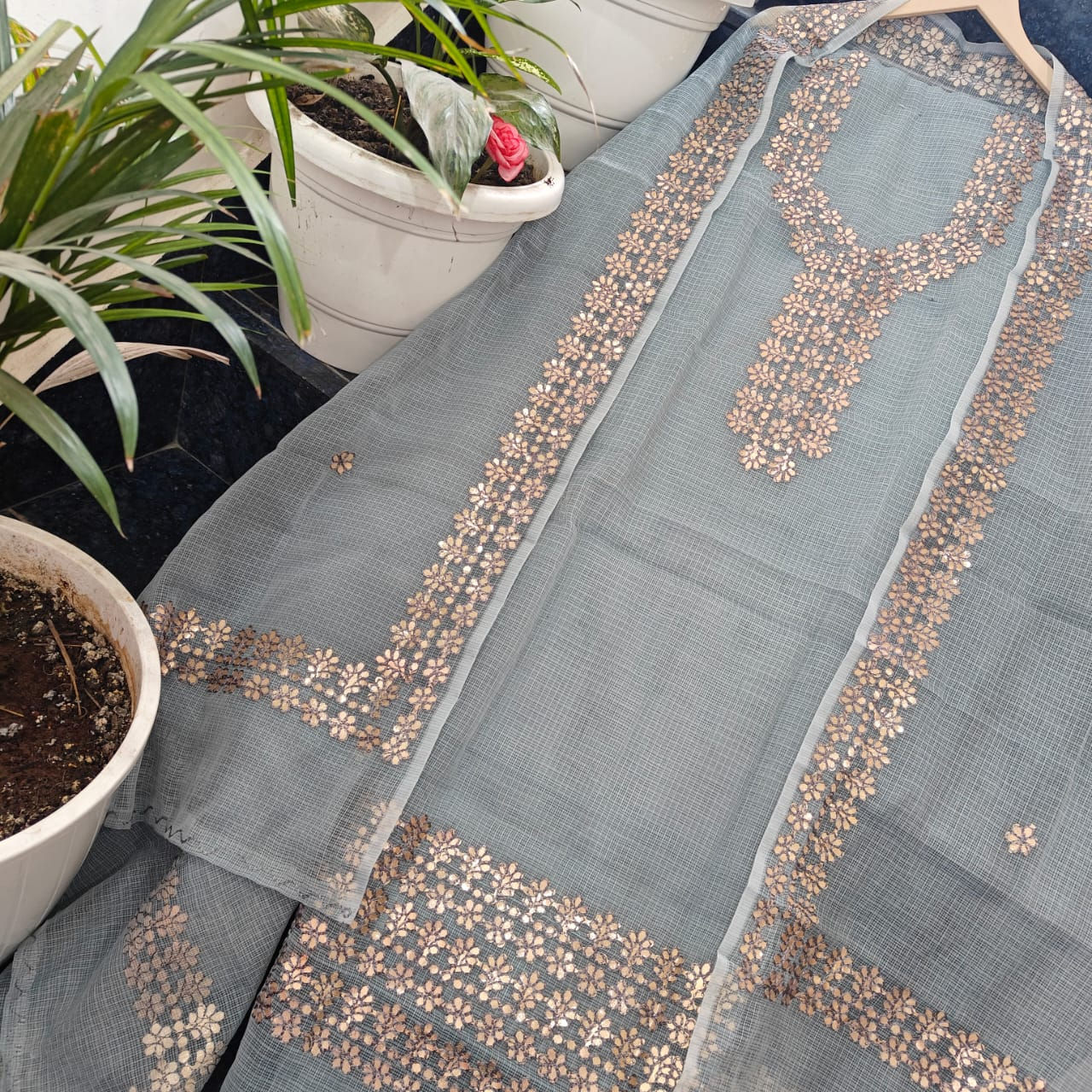 Grey Doria Cotton Unstitched Dress Material