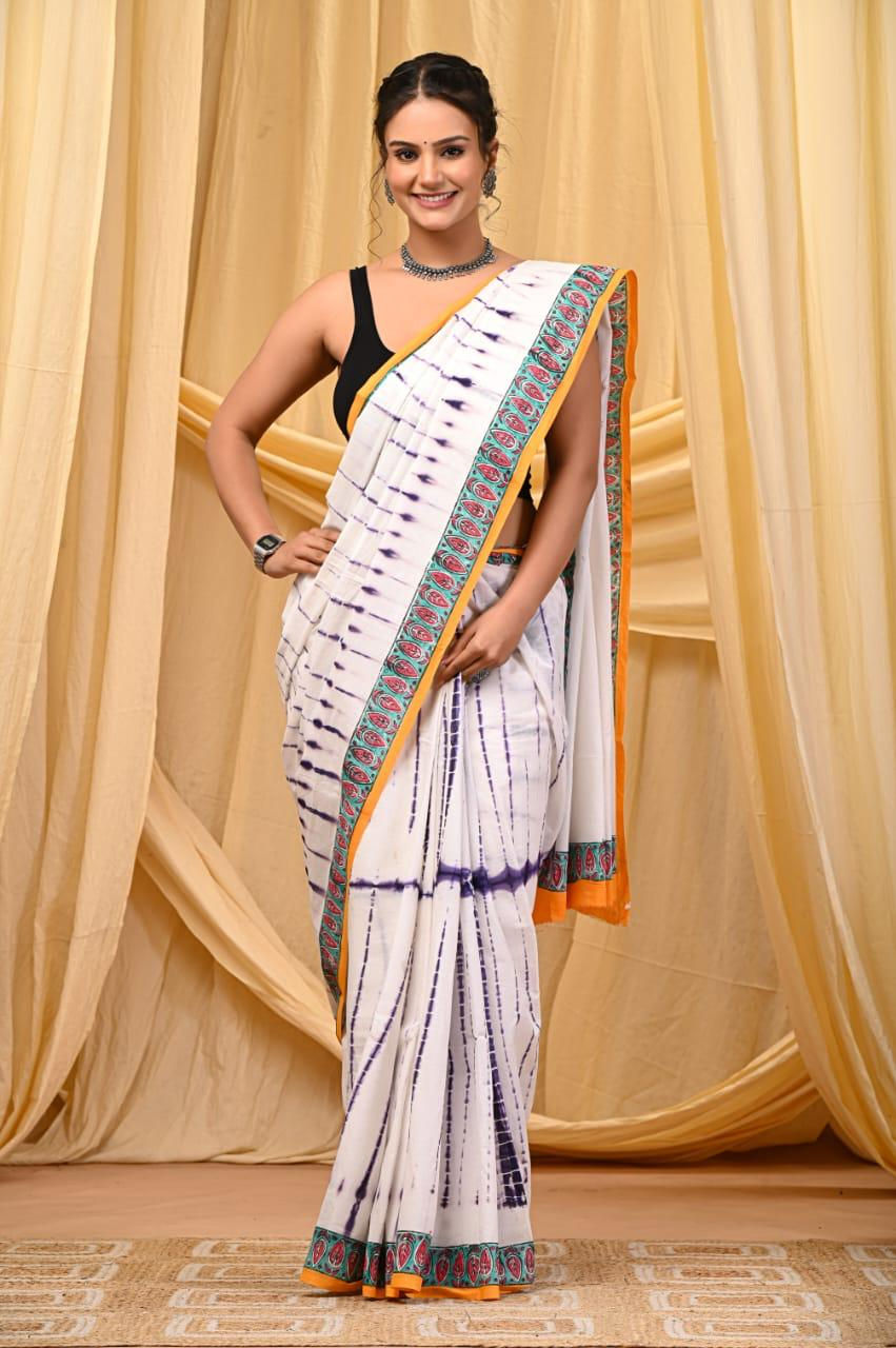 Handprinted Mul Cotton Saree with Blouse