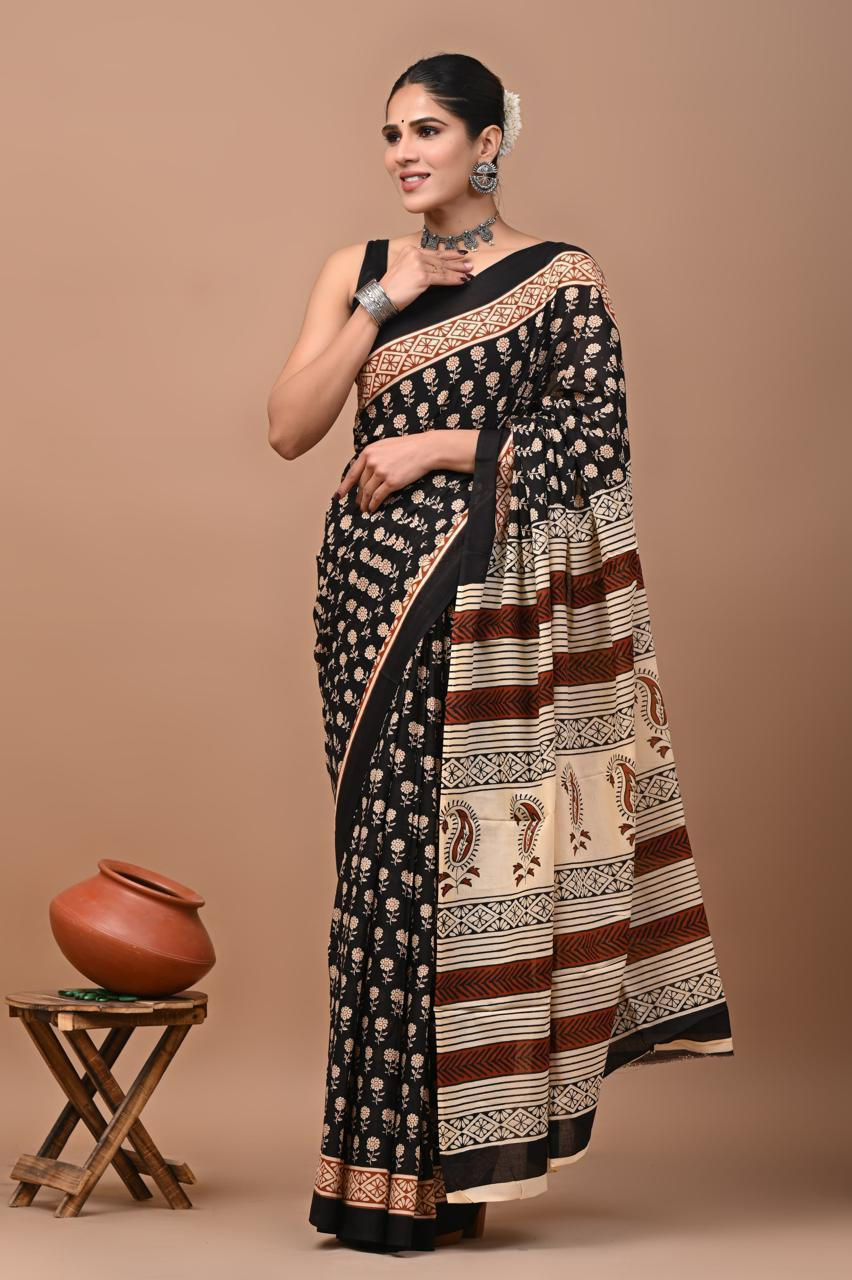 Cotton Handprinted Mulmul Saree with Blouse