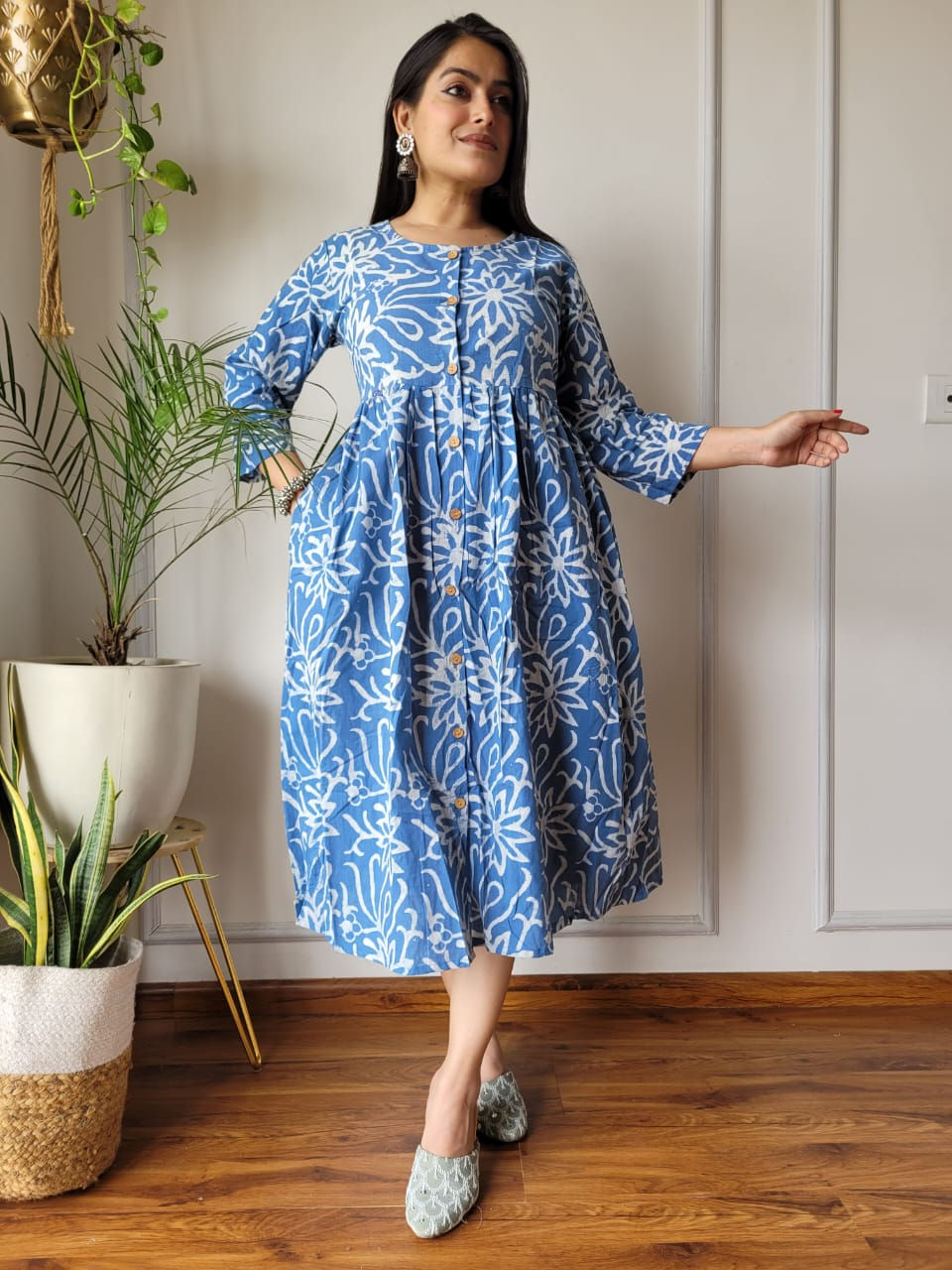 Bagru Hand Printed Long Cotton Stitched 1-Piece Dress