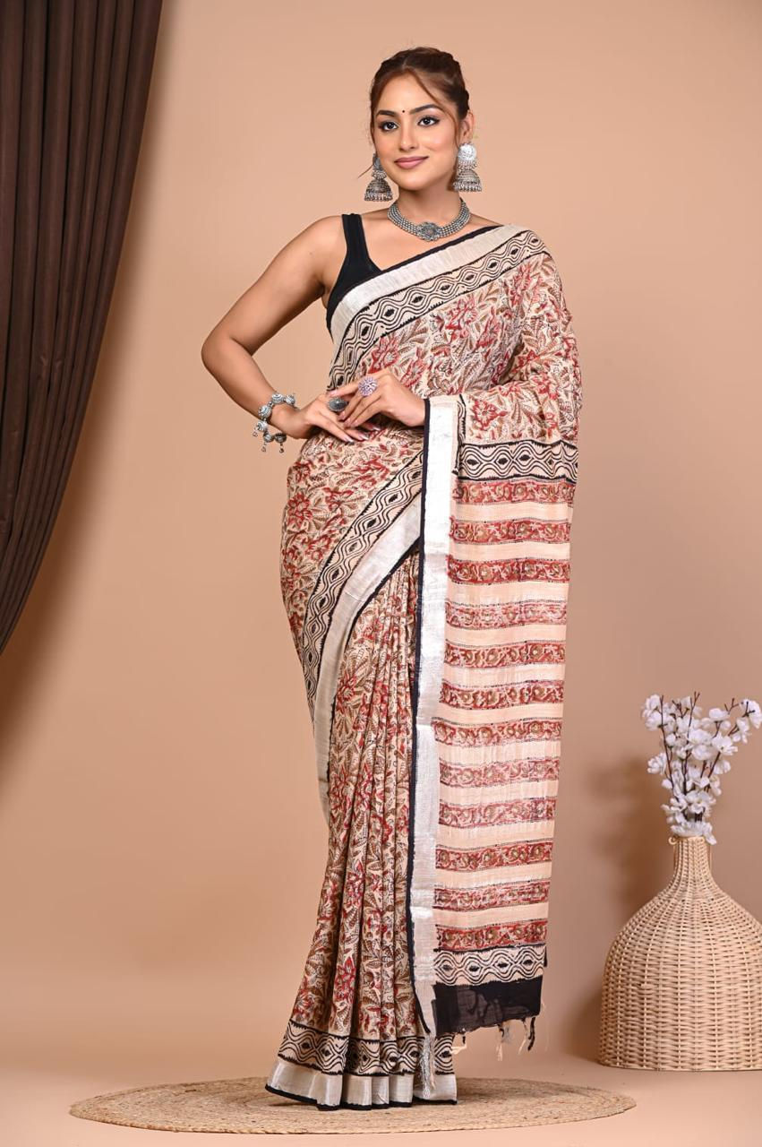 Natural Coloured Hand Printed Linen Saree with Blouse