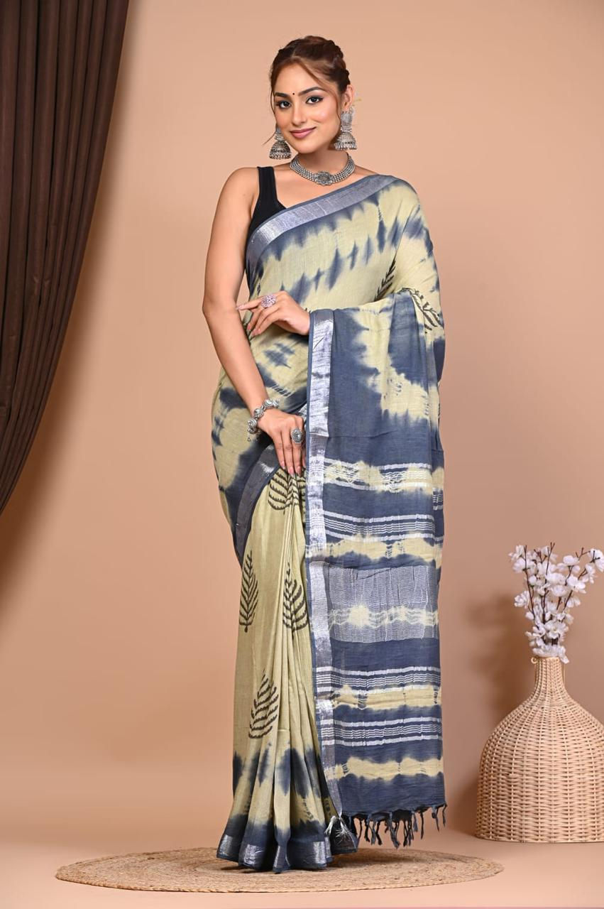 Natural Coloured Hand Printed Linen Saree with Blouse
