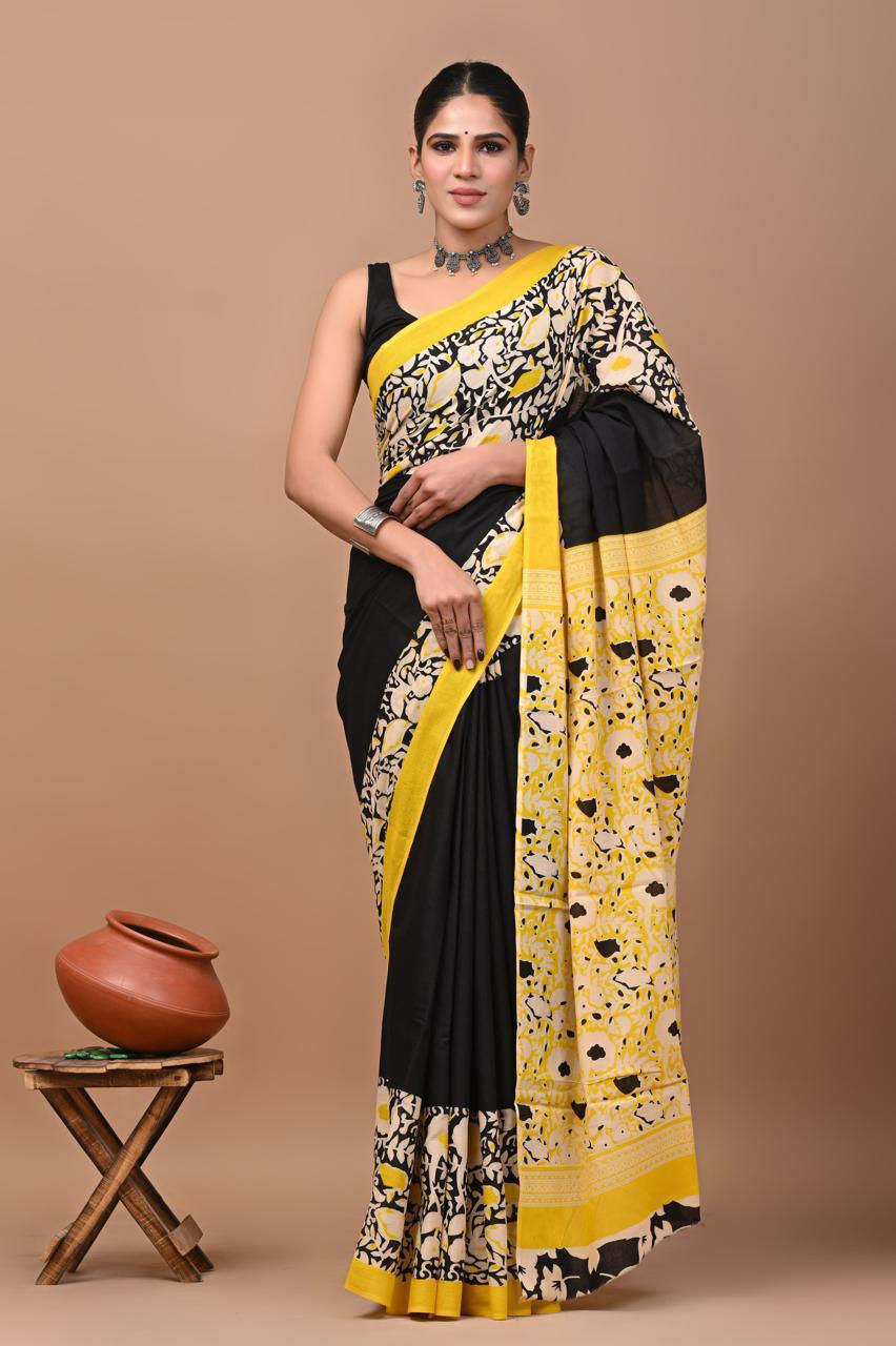 Cotton Handprinted Mulmul Saree with Blouse