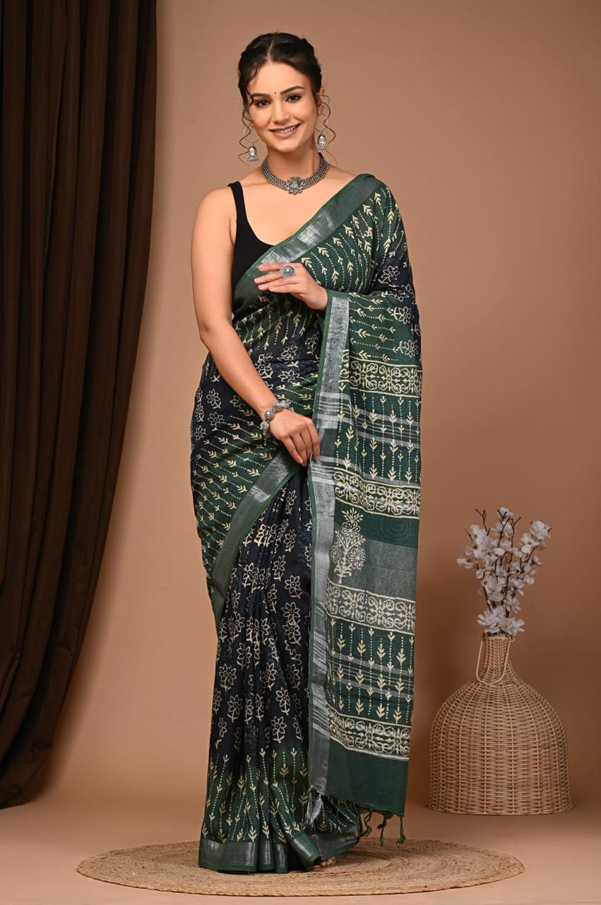 Natural Coloured Hand Printed Linen Saree with Blouse