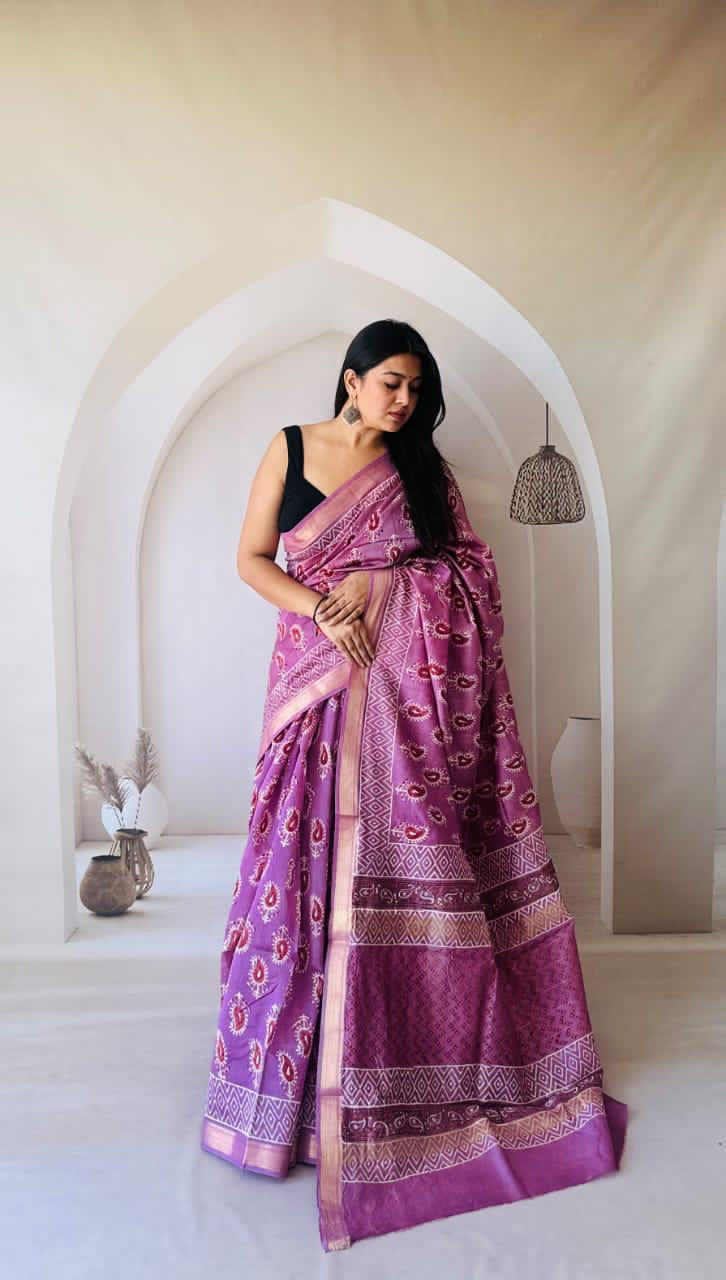 Bagru Handblock and Ajrakh Printed Pure Maheshwari Silk Sarees