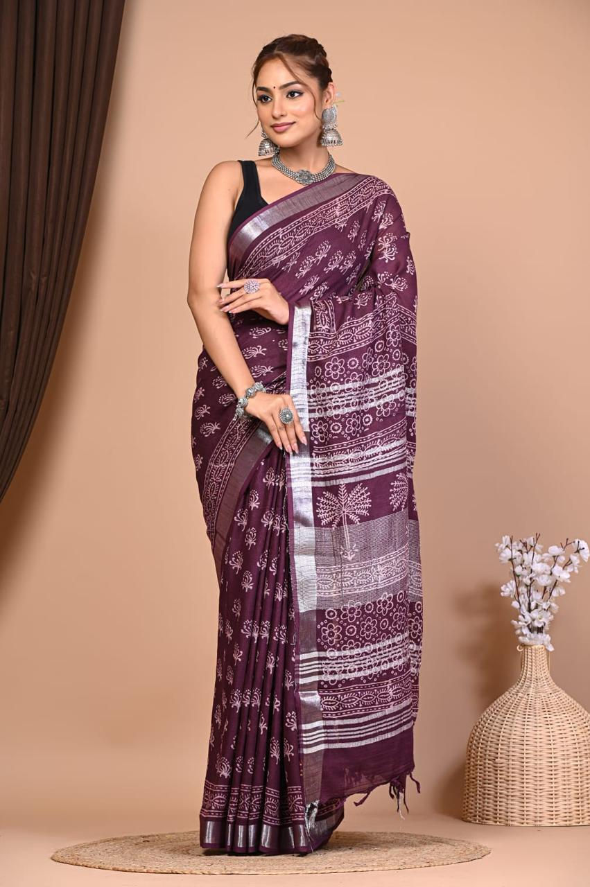 Natural Coloured Hand Printed Linen Saree with Blouse