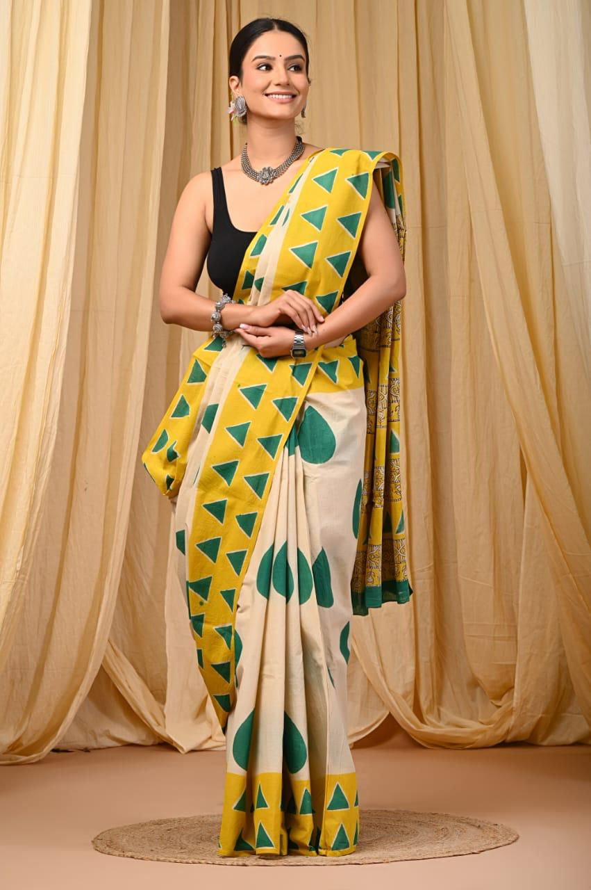 Handprinted Mul Cotton Saree with Blouse