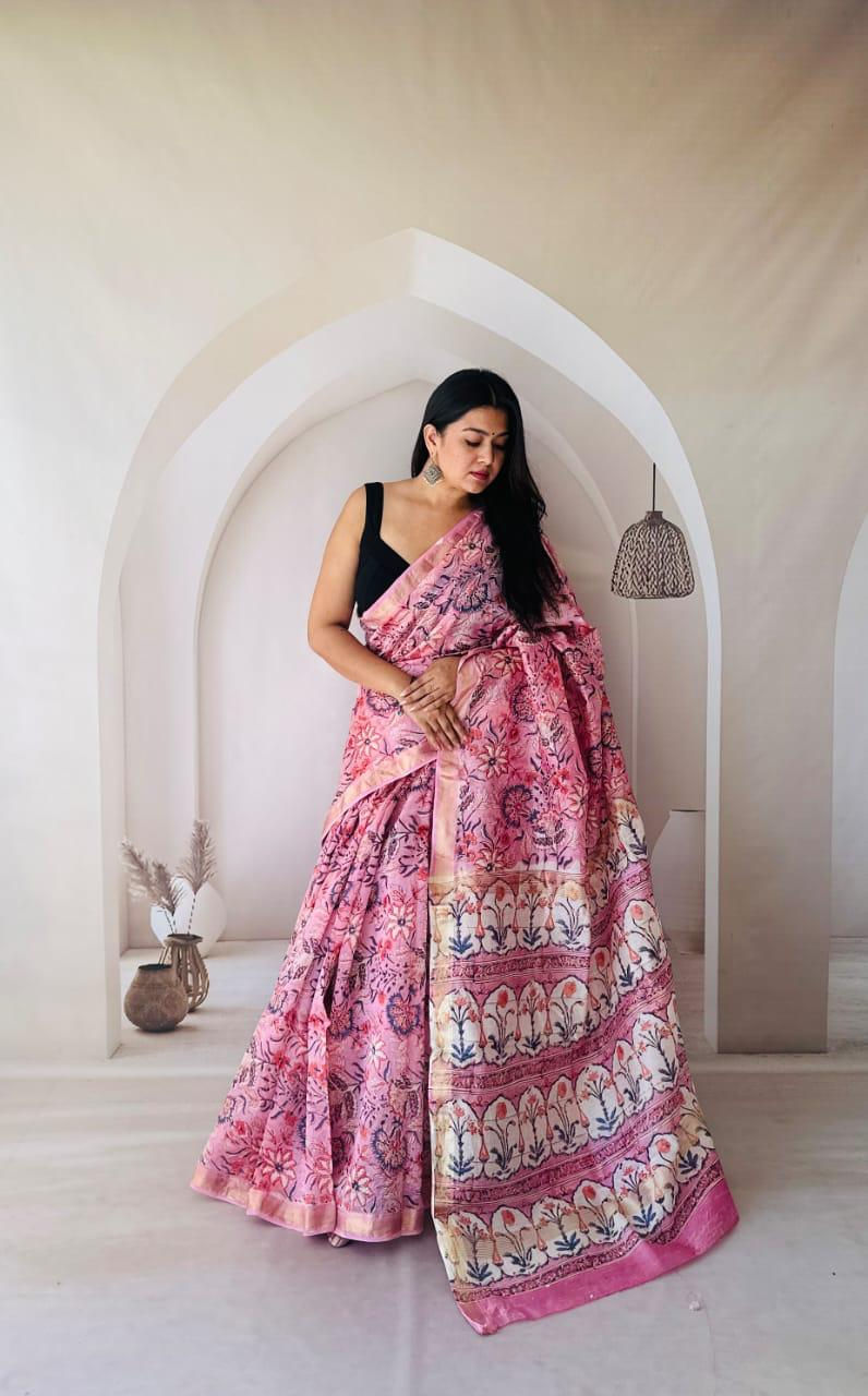 Bagru Handblock and Ajrakh Printed Pure Maheshwari Silk Sarees