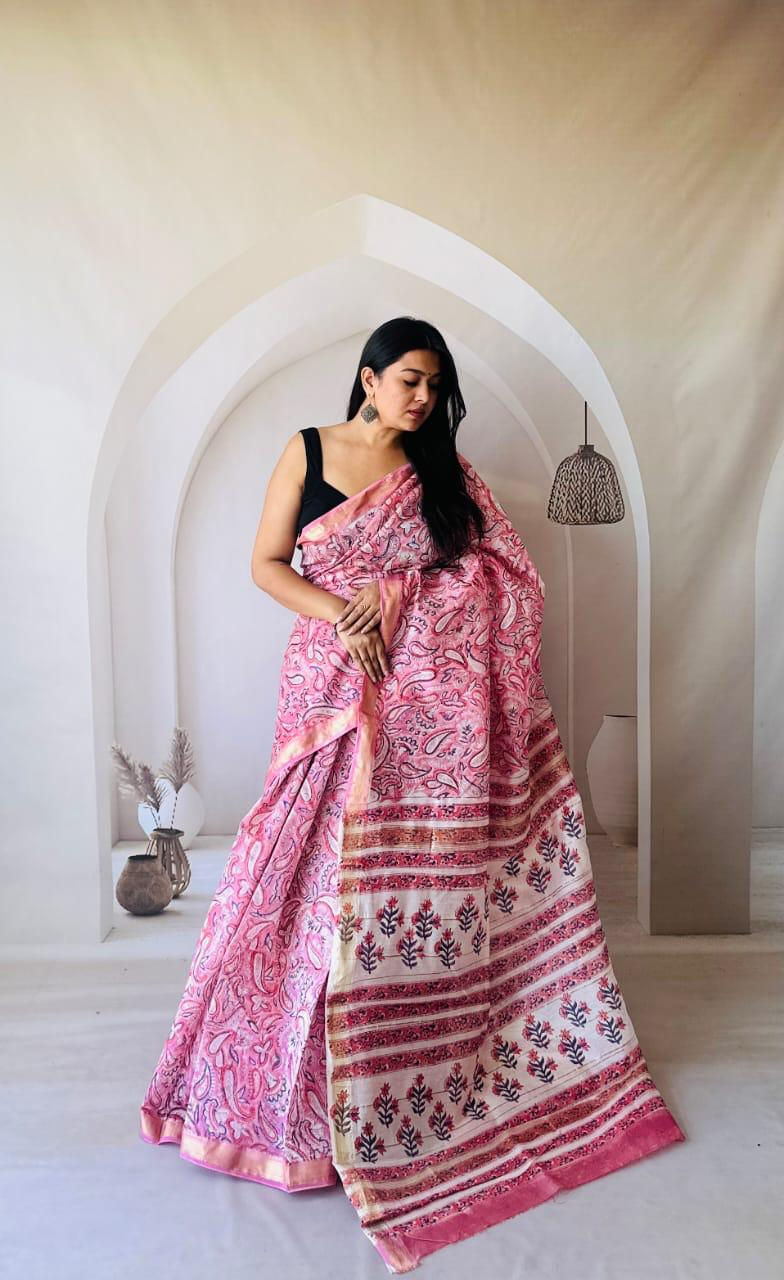 Bagru Handblock and Ajrakh Printed Pure Maheshwari Silk Sarees