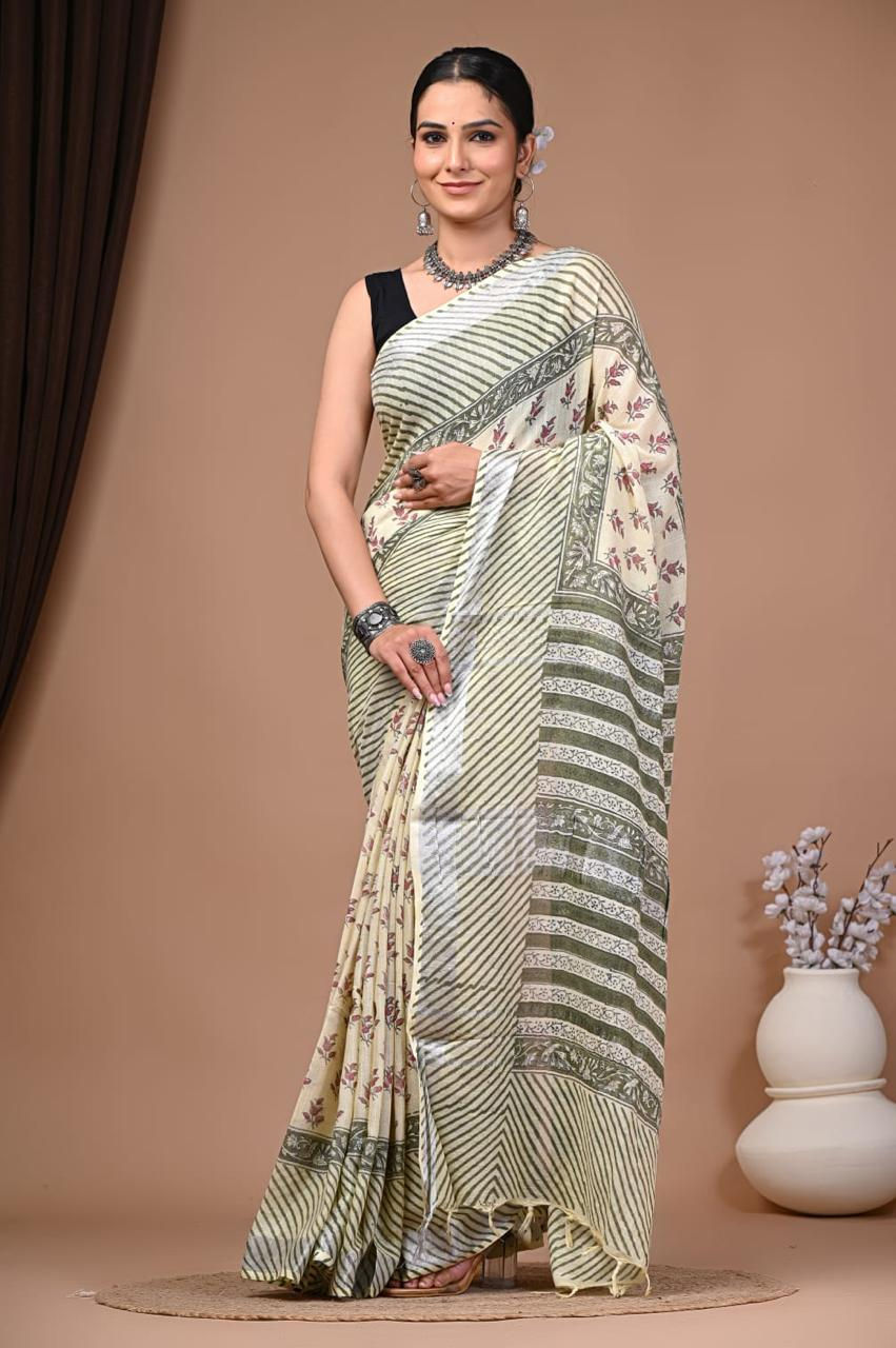 Natural Coloured Hand Printed Linen Saree with Blouse