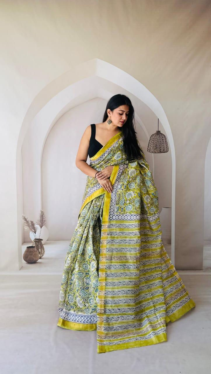 Bagru Handblock and Ajrakh Printed Pure Maheshwari Silk Sarees