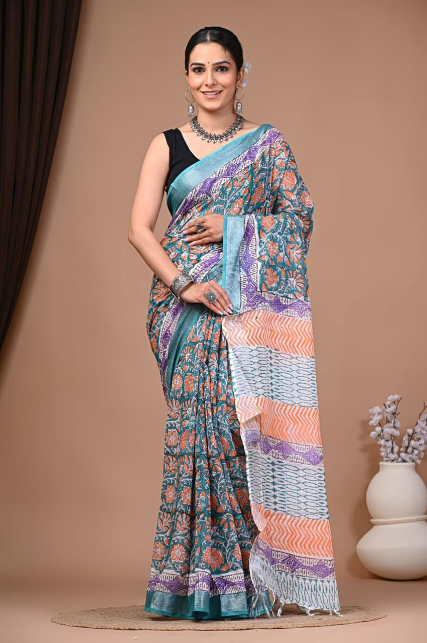 Natural Coloured Hand Printed Linen Saree with Blouse