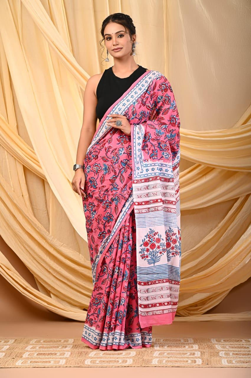 Handprinted Mul Cotton Saree with Blouse
